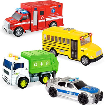 JOYIN 4 Pcs 7" Long Vehicle Toy Set, Toddlers Cars with Lights and Siren Sound, Including Play Police Car, School Bus, Garbage Truck, Ambulance