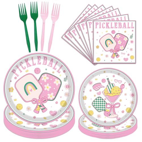 musaeva Pickleball Birthday Party Decorations Tableware, 96PCS Pickle Ball Disposable Pink Paper Plates and Napkins Decoration, Ball Theme Forks Decor