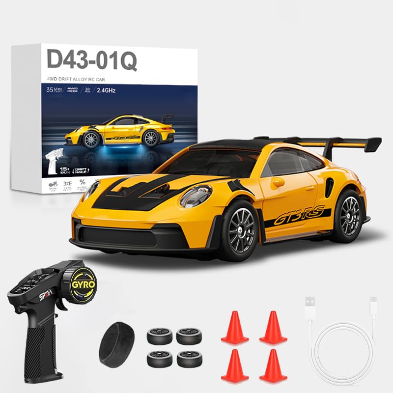 HOENTECH 1:43 Scale Mini Drift Car - 2.4GHz Full Proportional 4WD Alloy RC Drift Racsing Car with Gyro, Silent Bearings, Adjustable Speed & Dynamic