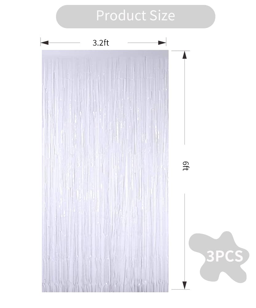 3Pcs White Metallic Tinsel Foil Fringe Curtains, 3.28ft x 6.56ft White Photo Booth Backdrop Streamer Curtain,Photo Booth Props, Bachelorette Party