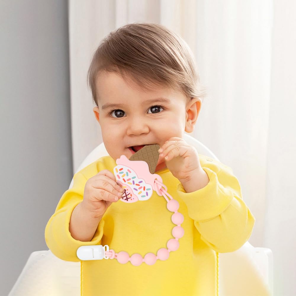 Baby Food Grade Silicone Teether Toy with One Piece Design Pacifier Clip Holder,Teething Toys Gift Set for 3 Months+ Boys and Girls,Freezer Safe,BPA