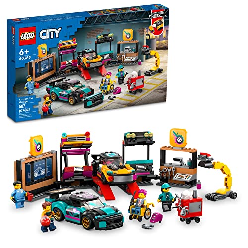 LEGO City Custom Car Garage 60389, Toy Garage Building Set with 2 Customizable Cars and Car Accessories, Pretend Play Mechanic Toy with 4 Minifigures