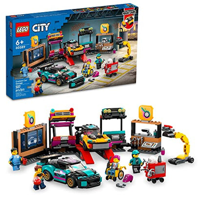 LEGO City Custom Car Garage 60389, Toy Garage Building Set with 2 Customizable Cars and Car Accessories, Pretend Play Mechanic Toy with 4 Minifigures