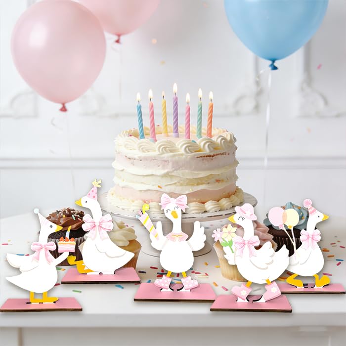 6Pcs One Silly Goose Birthday Decor - Pink Wooden Geese For Women Pink Bow Duck Funny Party Supplies