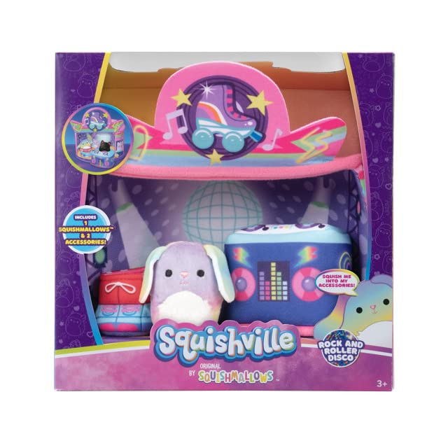 Squishville by Original Squishmallows Rock and Roller Disco Playset - Includes 2-Inch Danya The Bunny Plush, Roller Skates, DJ Booth, and Skating Rink