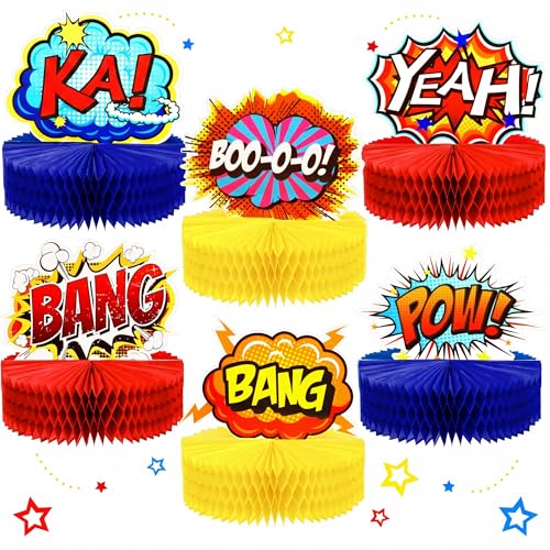 Skylety 6 Pcs Hero Party Decoration for Class Honeycomb Centerpieces 3D Table Topper Paper Large Word Action Sign Table Topper Decor 7.5 x 7.8 Inch
