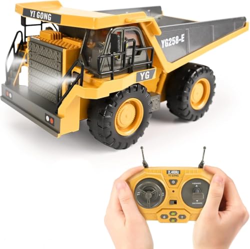 KidsFaves RC Dump Truck, 9CH Remote Control Dump Truck with Metal Dump Bed, 45° Lifting & 360° Rotation, 2 Batteries, Lights & Sounds, Construction