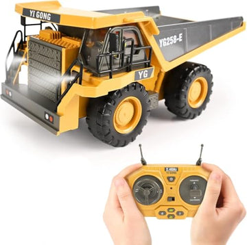 KidsFaves RC Dump Truck, 9CH Remote Control Dump Truck with Metal Dump Bed, 45° Lifting & 360° Rotation, 2 Batteries, Lights & Sounds, Construction