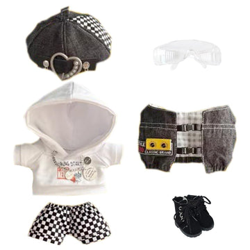 niannyyhouse 20cm Plush Doll Clothes Black and White Mist Set Beret Hoodie Pants Glasses Vest Shoes Soft Stuffed Plush Toy Dress Up (20cm)