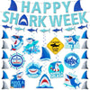 Happy Week of Sharks Birthday Decorations Include 3 Happy Shark Banner,12 Double-side Hanging Swirls,2 Shark Fin Hanging Banner,Bite Me Welcome