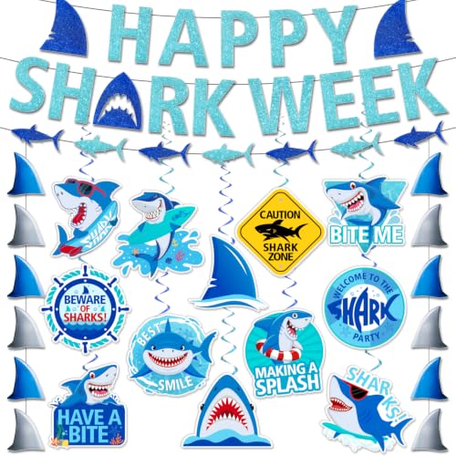 Happy Week of Sharks Birthday Decorations Include 3 Happy Shark Banner,12 Double-side Hanging Swirls,2 Shark Fin Hanging Banner,Bite Me Welcome