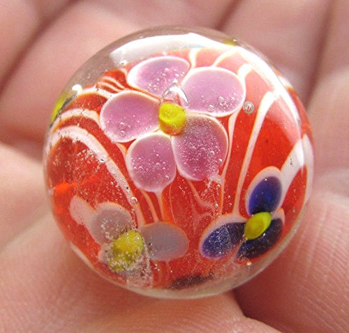 Big Game Toys~22mm (7/8") Dahlia Hand Made Art Glass Marble w/Stand Clear/Red/Blue/Pink Flower