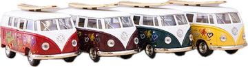 KiNSMART 1962 Volkswagen Classic Bus With Surfboard and Hippy Decals Bus 1:32 Scale 5 Inch Die Cast Metal Model Toy Van, Pullback Acation (1 At