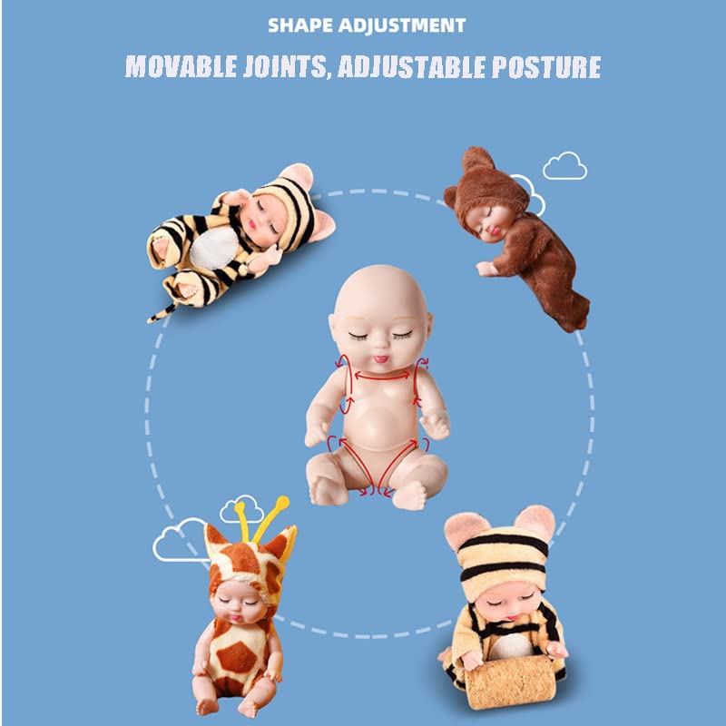 6 Pcs Mini Reborn Baby Dolls Set - 3.5 Inch Tiny Realistic Newborn Dolls with Animal Clothes, Hat & Toy Bottle, Washable PVC Doll for Dollhouse