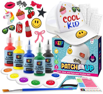KEFF Decorate Your Own Blank Trucker Hat for Kids - Includes 1 Mesh-Back Cap, 12 Embroidered Patches (Stick on Patches), 5 Puff Paints, Paint Brush