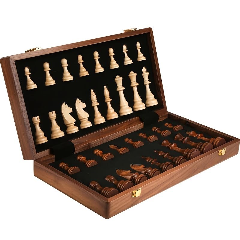 15" Folding Walnut Chess Set with Storage - Tournament-Size Portable Chess Board for Adults, Travel, Family Game Night, Gifts, 2 Extra Queens