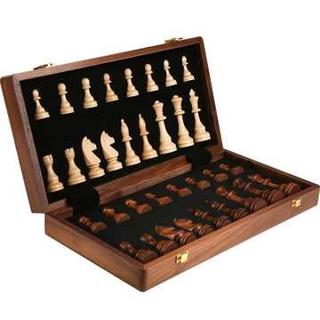 15" Folding Walnut Chess Set with Storage - Tournament-Size Portable Chess Board for Adults, Travel, Family Game Night, Gifts, 2 Extra Queens