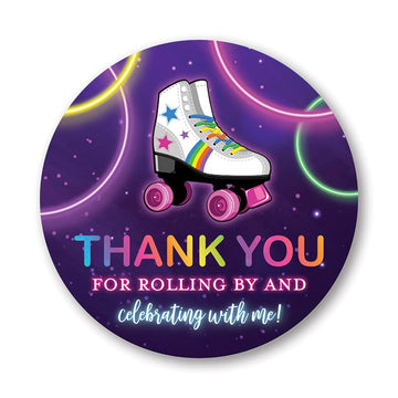 2"" Round Neon Rainbow Glow Roller Skating Thank You Party Favor Stickers - Set of 40