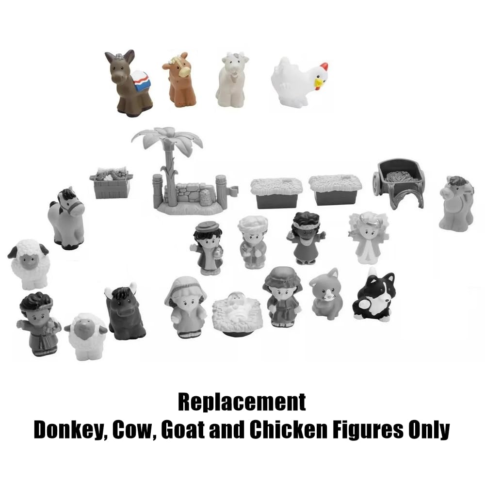 Mattel Replacement Parts for Little-People Christmas Nativity Playset - Replacement Donkey, Cow, Goat and Chicken ~ Works with FPT07, DPX53, J2404 and
