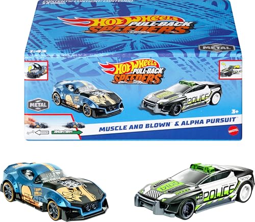 Hot Wheels Pull-Back Speeders Set of 2 Toy Cars in 1:43 Scale, Pull Cars Backward & Release, High-Performance, Collectible, with Rolomatic Engine or