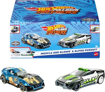 Hot Wheels Pull-Back Speeders Set of 2 Toy Cars in 1:43 Scale, Pull Cars Backward & Release, High-Performance, Collectible, with Rolomatic Engine or