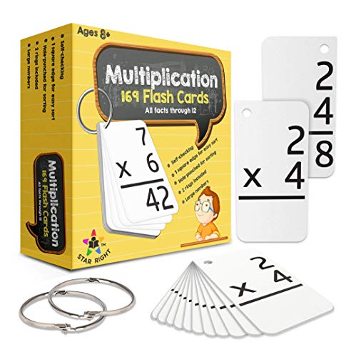 Star Right Multiplication Flash Cards - 169 Hole-Punched Math Study Multiplication Cards with 2 Binder Rings - Times Tables Practice Set for Kids Ages