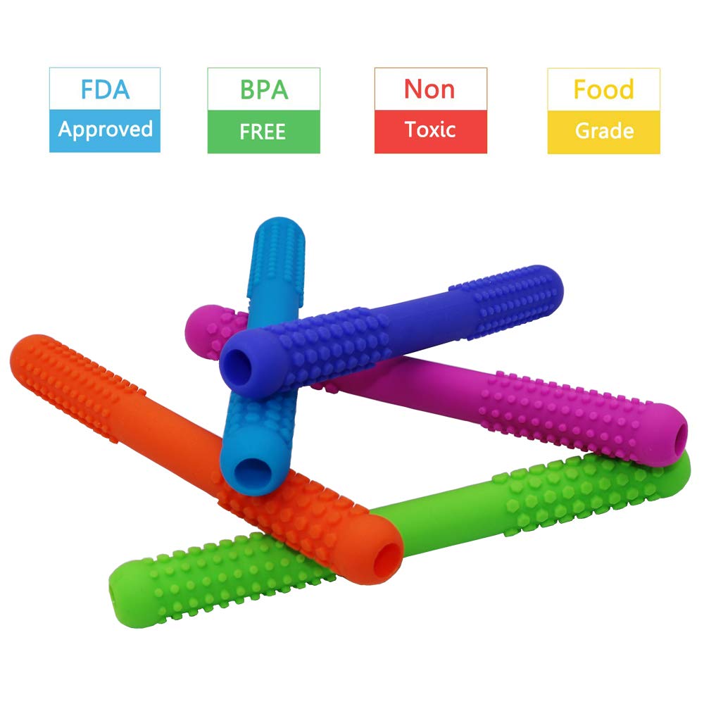 Hollow Teething Tubes Toys for Babies Girls Boys, 6 Pack Silicone Baby Teether Toy Tube for Infants with Nursing Biting Chewing, Chew Straws