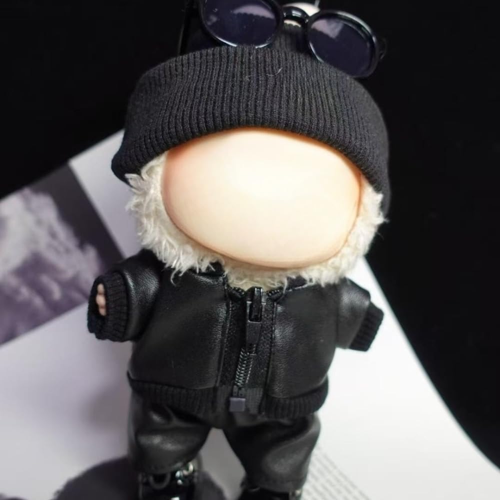 Clothes for Labubu Faux Leathe Cool 5-Piece Set - Biker Jacket,Pants,Shoes,Knit Hat & Sunglasses for 17cm Dolls(No Doll) (Black)