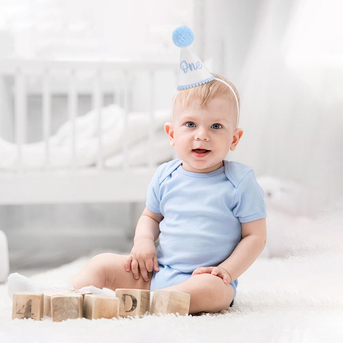 Kaniwati Baby 1st Birthday Party Crown, Pink Birthday Embroidered Party Hat, Blue One Party Hat For Boys (BULE-ONE-CXMZ)