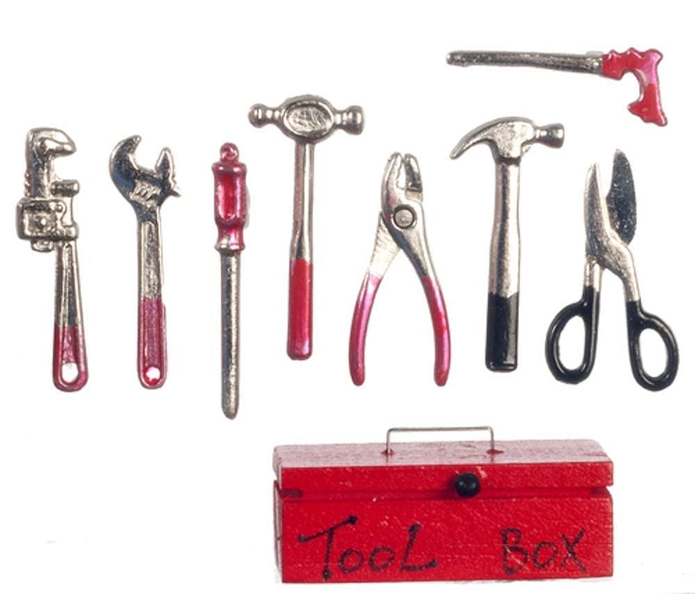 Dolls House Red Tool Box & Metal Tools Miniature Garden 1:12 Shed Work Accessory
