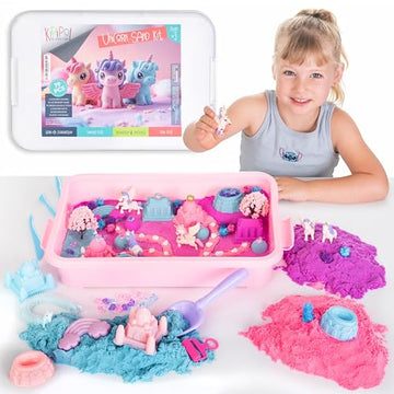 Kipipol Unicorn Sensory Bin for Toddlers 3-4, 5-7 Magic Sand Art Kit w Sandbox, 2.4 LB of Sensory Sand, 10 Sand Toys, 4 Unicorn Toys for Girls Age