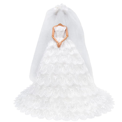 E-TING White Gorgeous Long Wedding Dress Princess Gown Clothes with Veil for 11.5 inch Dolls?Doll Not Included?
