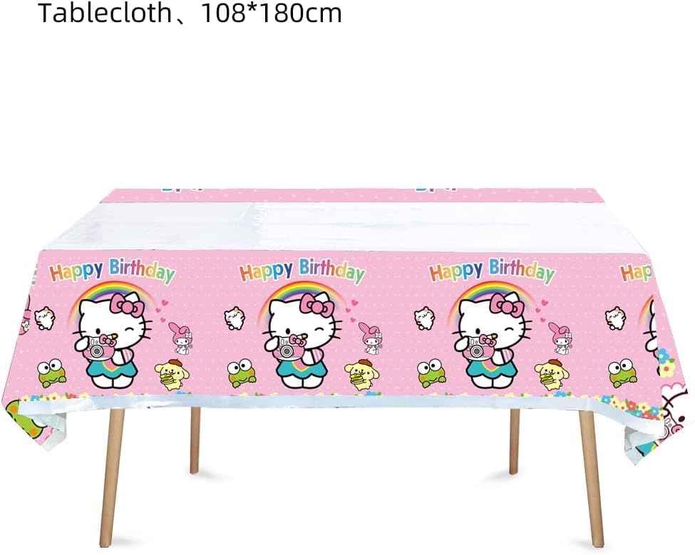 HACBYUTY Tablecloth, 2pcs Hello Cat Kitty Birthday Party, Rectangular, Plastic, 70'' x 42'', Waterproof, Blue Pink