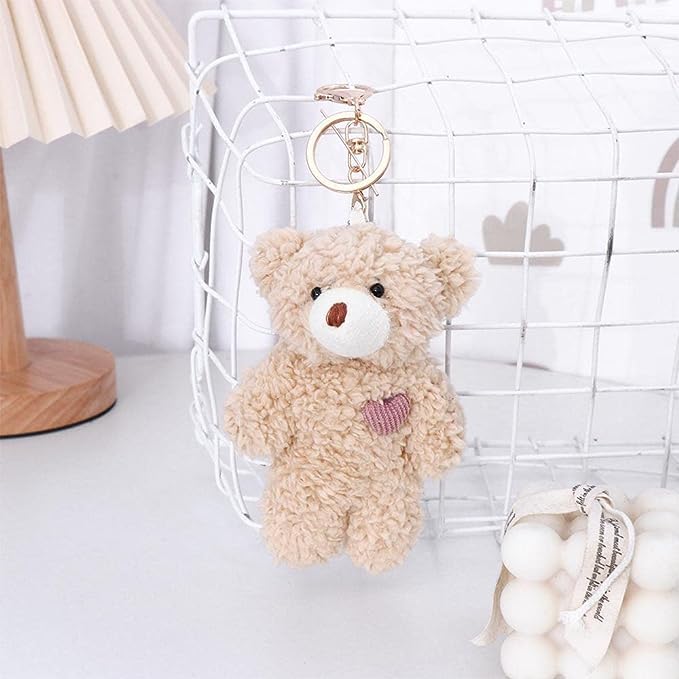 Jowxsx 1Pc Brown Bear Pink Heart Mini Keychain for Backpack,Soft Cotton Key Chain Keychain for Gift Graduation Party Favors Bag DIY Crafts Animals Car