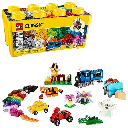 LEGO Classic Medium Creative Brick Box 10696 Building Toy Set - Featuring Storage, Includes Train, Car, and a Tiger Figure, and Playset for Kids
