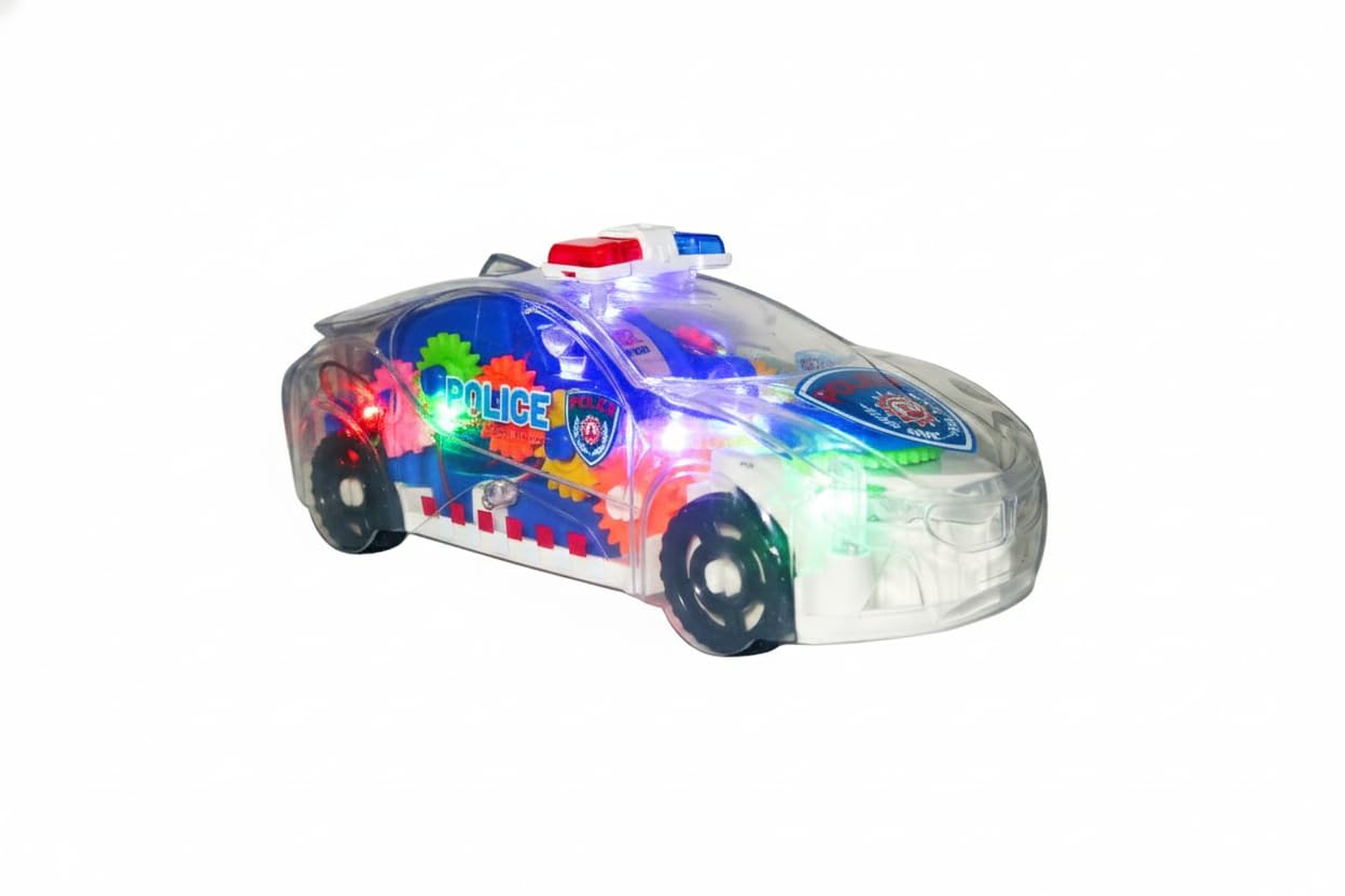 Transparent Light Up Police Car with Flashing LED Lights, Siren Sounds, Moving Gears & Bump-and-Go Action - Fun Sensory Vehicle & Perfect Christmas
