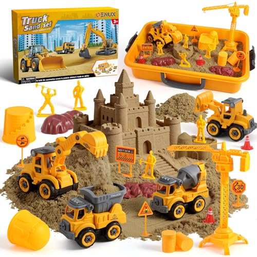 OENUX Construction Play Sand Kit with 4 Take Apart Trucks for Boys Age 3-8