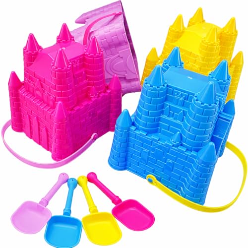 4E's Novelty (4 Sets) Castle Beach Buckets and Shovels, Large Size 7" - Sand Castle Building Kit, Sandcastle Molds Beach Toys for Kids 3-10, Outdoor
