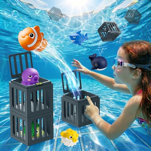 Tikduck Pool Diving Toys for Kids, Underwater Swim Game Set with 6 Floating Sea Animals & 6 Dive Cages, Summer Water Toys for Pool, Bath & Beach Play