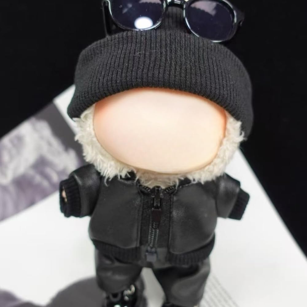 Clothes for Labubu Faux Leathe Cool 5-Piece Set - Biker Jacket,Pants,Shoes,Knit Hat & Sunglasses for 17cm Dolls(No Doll) (Black)
