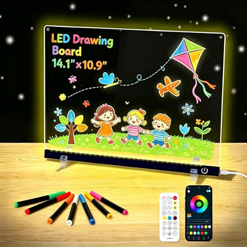 14.1"x11" LED Drawing Board with Music Sync APP Remote Control, Glow Doodle LED Note Board with Colors, Neon Light Up Drawing Tablet, Parent-Child