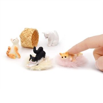 iland Mini Cat Figurines, 1/12 Scale Miniature Dollhouse Accessories, 4PCS Realistic Tiny Pet Figures with Dollhouse Decor Basket & Rug, Cute Cake
