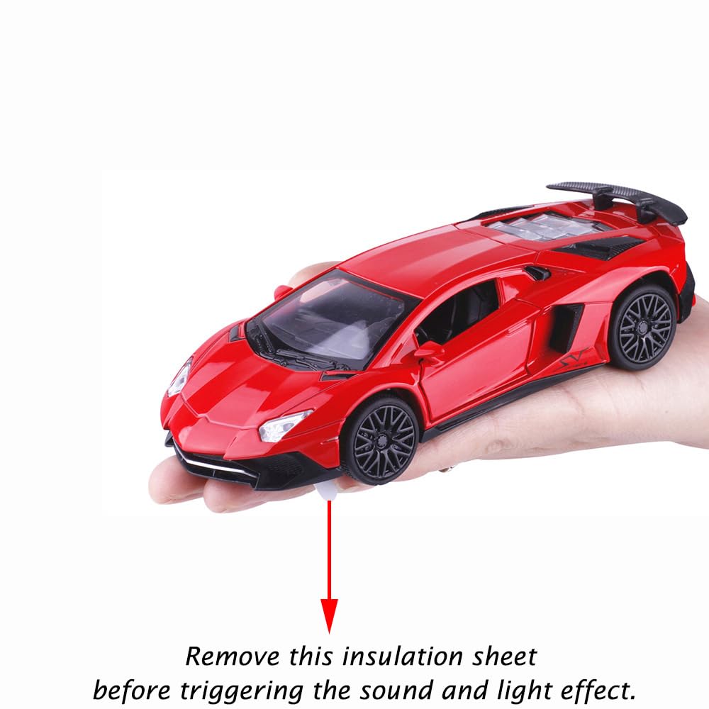 iLooboo Toy Car Model Red Aventador Pull Back Vehicles Diecast with Light & Sound
