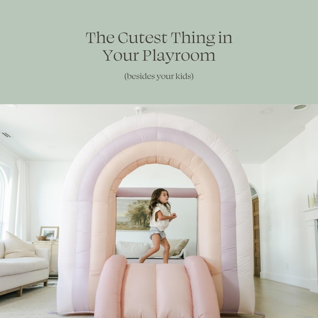 PLAYSMOL Pink Rainbow Inflatable Bounce House with Blower, 8x8 Kids Jumping House for Indoor Outdoor Play, Bouncy Castle, Ages 3-8