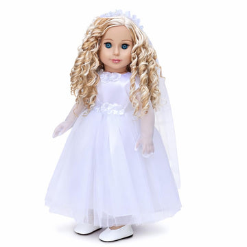 Little Angel - 5 Piece First Communion Outfit for 18 Inch Dolls - White Satin Dress, Long Veil, Crown, Gloves & White Shoes - Complete Doll Communion