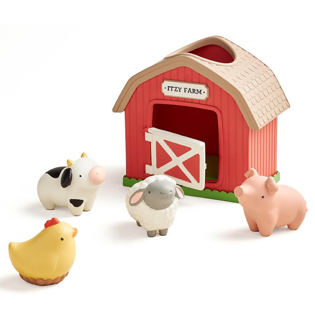 Itzy Ritzy Put & Take Activity Toy - Spill & Fill Sensory Toy with 4 Squeezable Barnyard-Themed Pieces for Infants & Toddlers - Great for Sorting