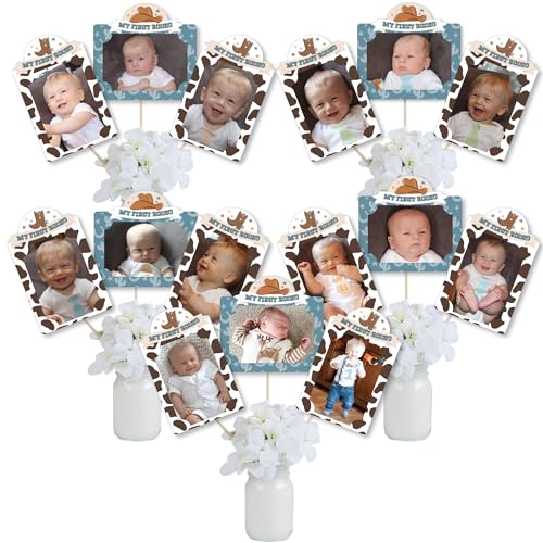Big Dot of Happiness My First Rodeo - Little Cowboy 1st Birthday Party Picture Centerpiece Sticks - Photo Table Toppers - 15 Pieces