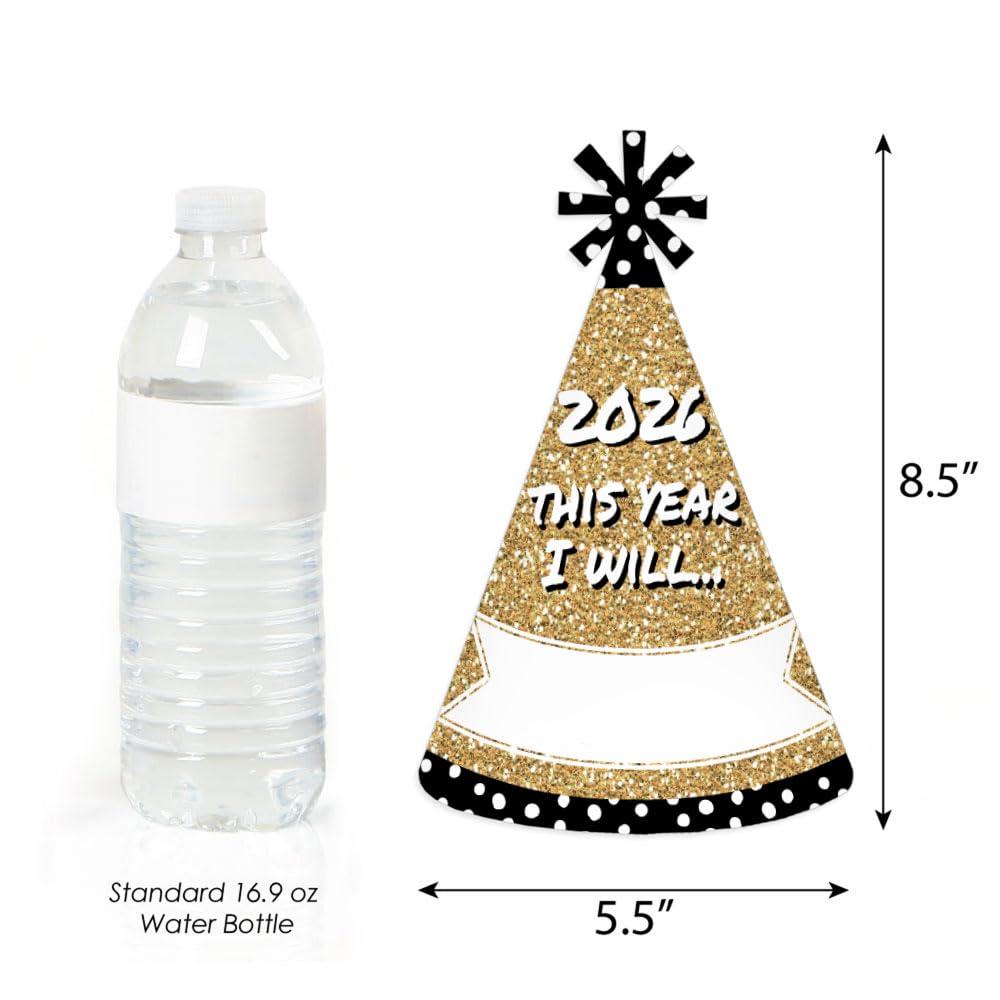 Big Dot of Happiness Pop, Fizz, Clink! - Cone Party Hats - 2026 New Year's Eve Resolution Cone Party Hat for Kids and Adults - Set of 8 (Standard