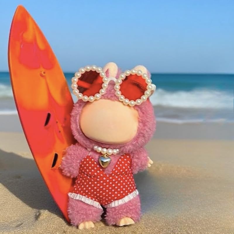 Clothes for Labubu 4-Piece Summer Swimwear Set - Quick-Dry Fabric with Swimsuit,Surfboard,Necklace & Sunglasses,Perfect for 17cm Dolls(No Doll) (Red)