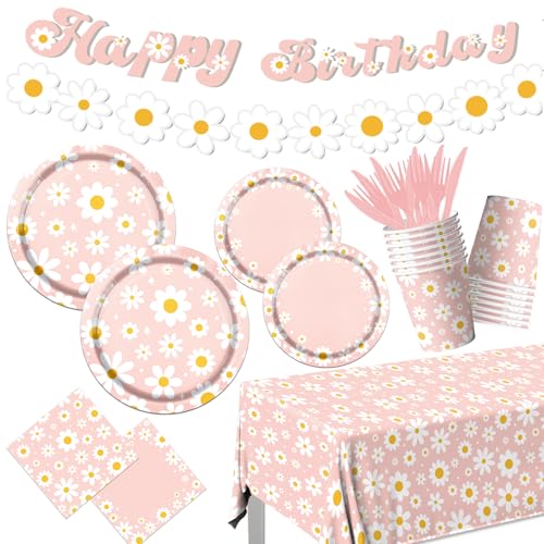 142PCS Daisy Birthday Party Tableware Set,Pink Groovy Daisy Flower Supplies Include Daisy Plates and Napkins Cup Tablecloth Banner for Retro Theme